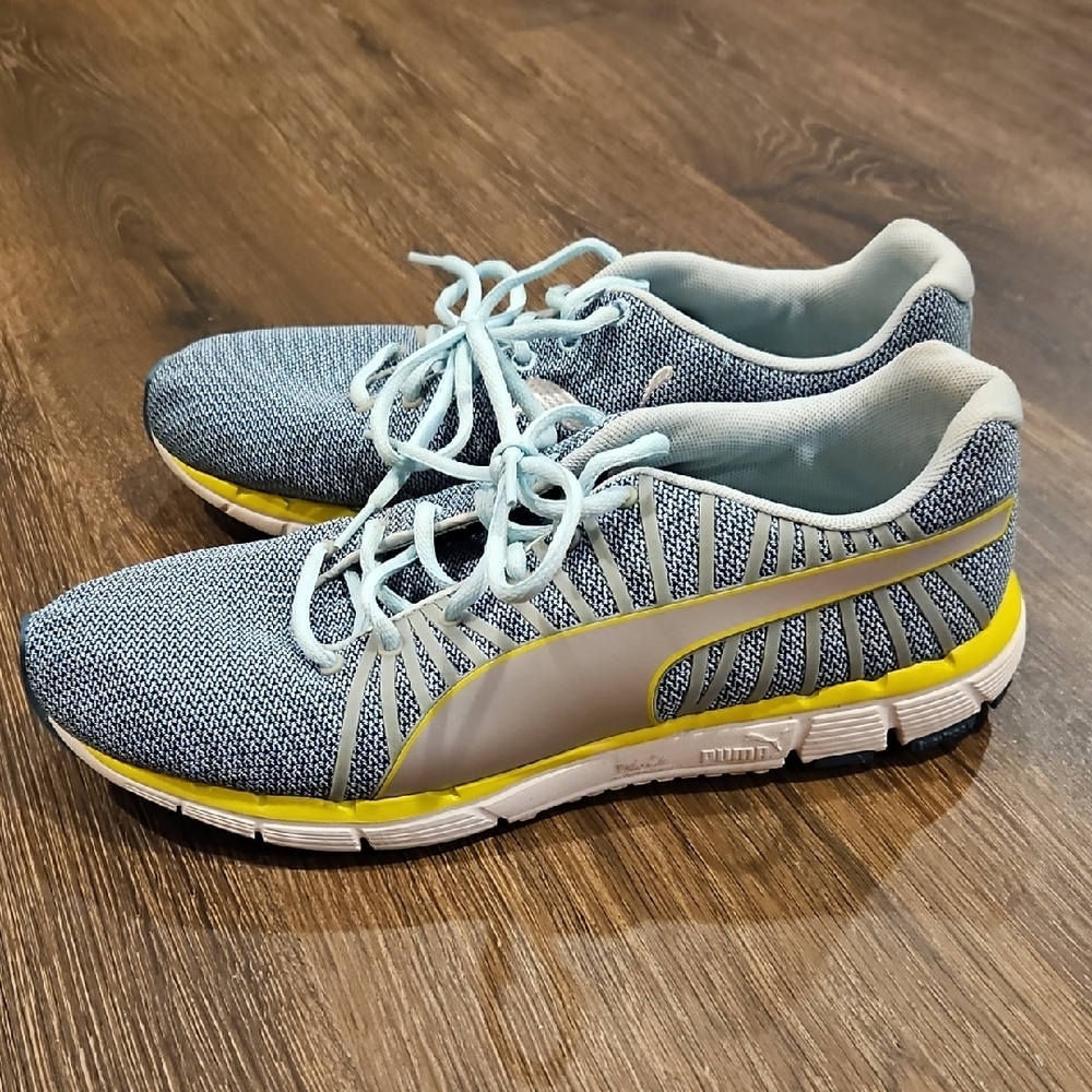 Puma Light Blue Knit Sneakers with Yellow Accents